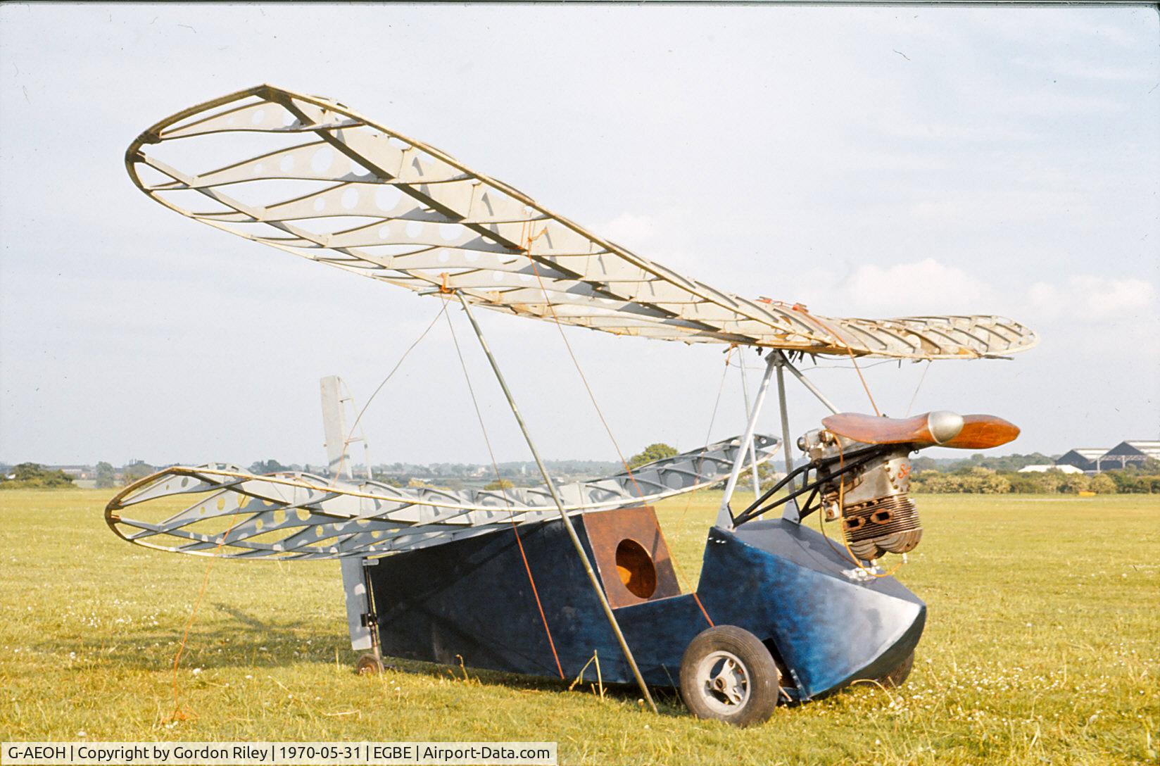 G-AEOH, Mignet HM.14 Pou-du-Ciel C/N RCS1, Pou du Ciel G-AEOH seen at Coventry (Baginton) Airport as part of the Midland Aircraft Preservation Society display on 31 May 1970. It is now at Brodhead, Wisconsin, where I saw it in August 2012.