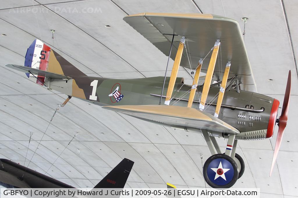 G-BFYO, 1978 SPAD S-XIII Replica C/N 0035, Hanging from the ceiling of the American Air Museum.