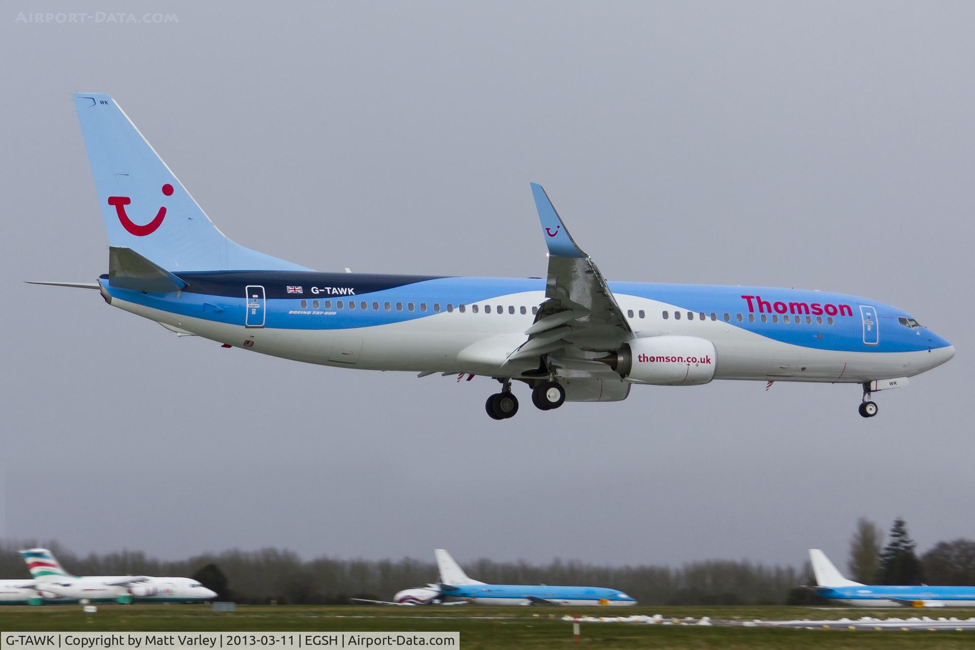 G-TAWK, 2012 Boeing 737-8K5 C/N 37239, Arriving at EGSH.