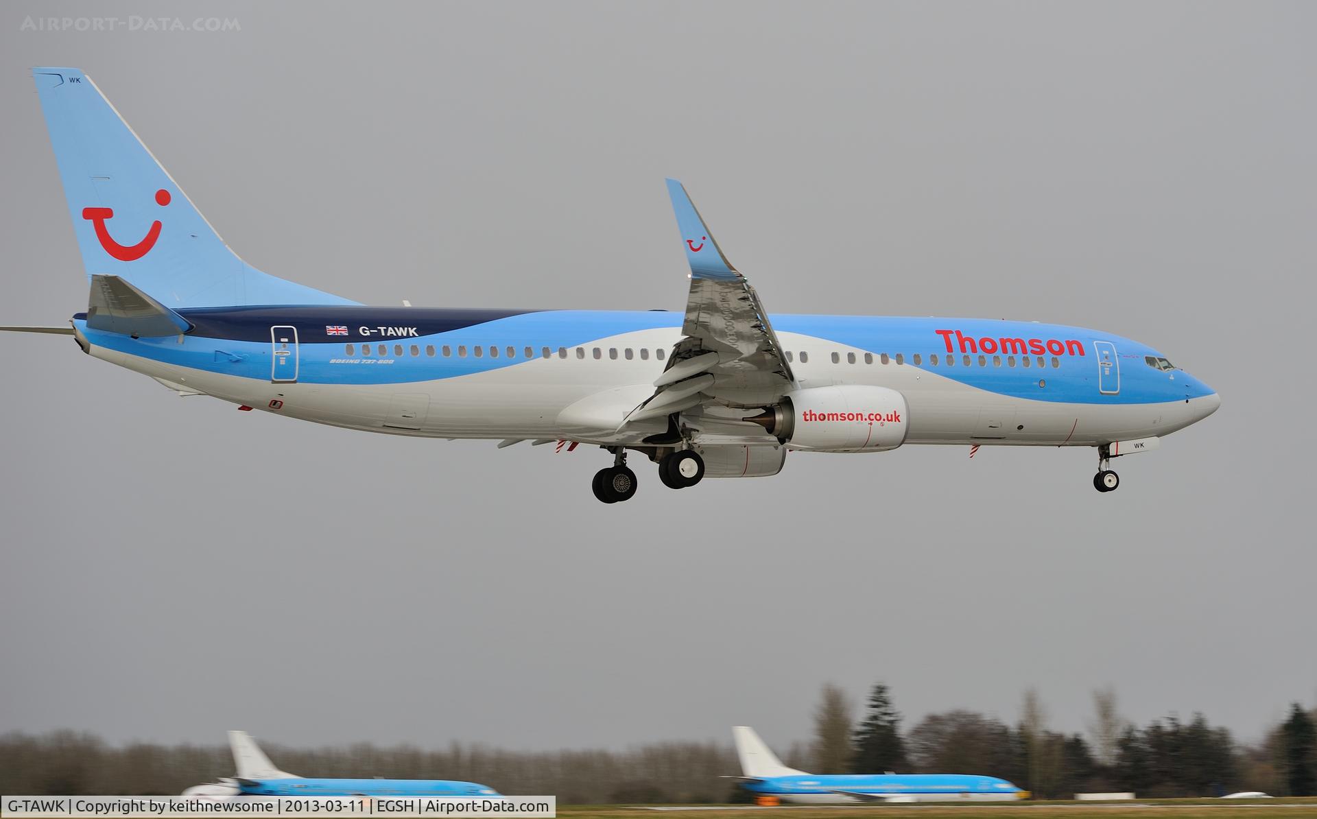 G-TAWK, 2012 Boeing 737-8K5 C/N 37239, First visit from a Boeing liveried 'dreamliner' schemed Thomson 738.