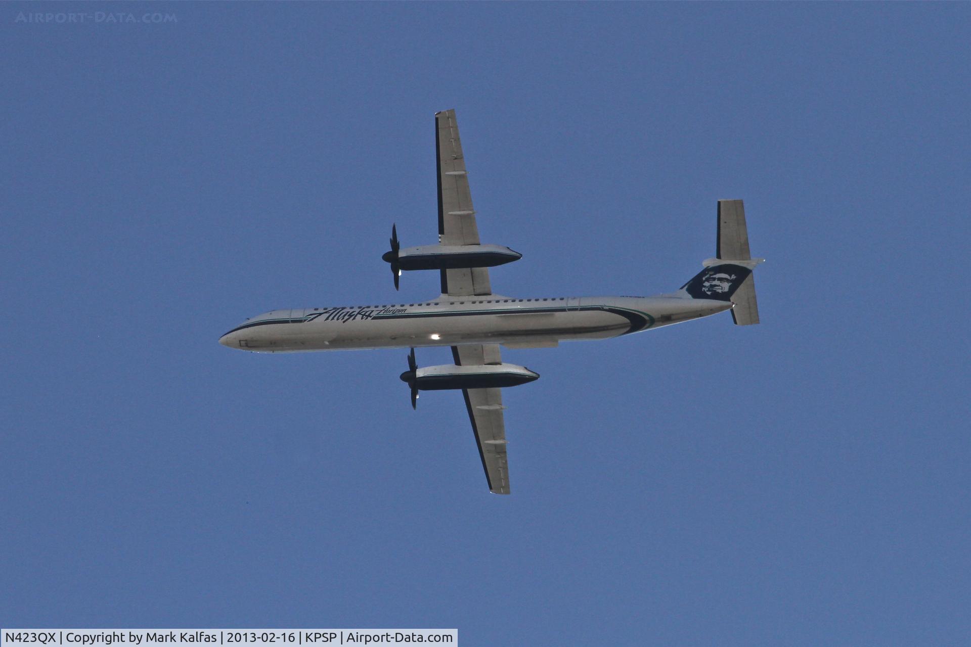 N423QX, 2007 Bombardier DHC-8-402 Dash 8 C/N 4153, Horizon Airlines Bombardier DHC-8-402, QXE2618 departing RWY 13R KPSP enroute to KSMF.