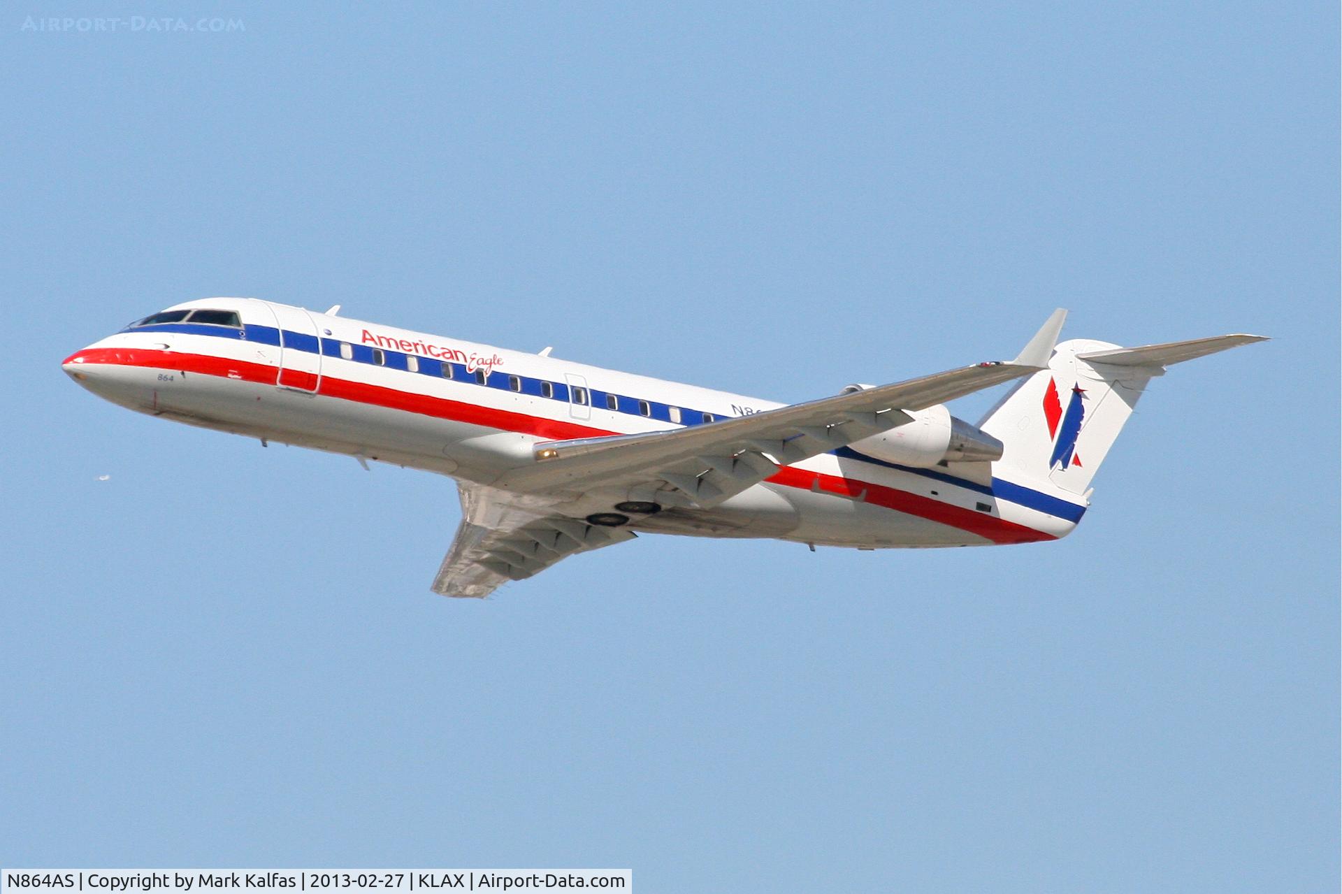 N864AS, 2001 Bombardier CRJ-200ER (CL-600-2B19) C/N 7502, SkyWest/American Eagle Bombardier CL-600-2B19,
SKW2653 departing RWY 25R KLAX enroute to KSAN.