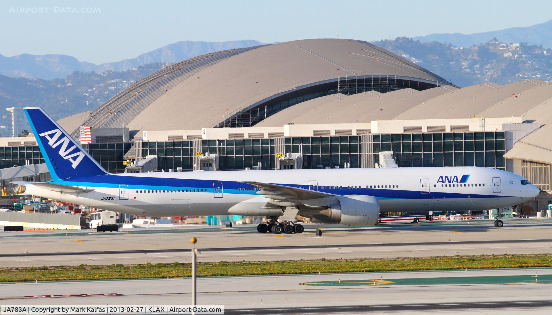 JA783A, 2008 Boeing 777-381/ER C/N 27940, ANA Boeing 777-346ER, ANA1006 arriving from Tokyo Int'l (Haneda) RJTT / HND, on TWY B KLAX.