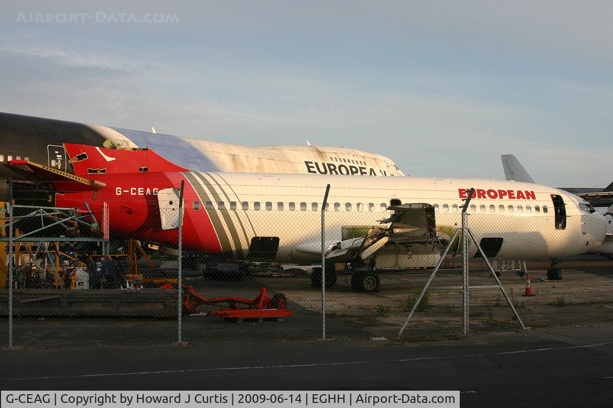 G-CEAG, 1975 Boeing 737-229 C/N 21136, European Aviation. After years as a 'Christmas tree', it was finally taken out of the hangar and scrapping is under way.