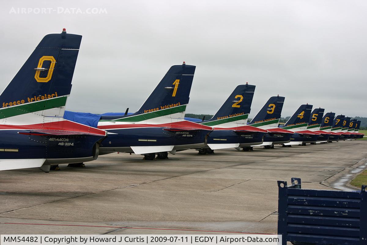MM54482, Aermacchi MB-339PAN C/N 6677/072/AD011, At the Air Day. Lovely tidy Frecce Tricolori line-up.