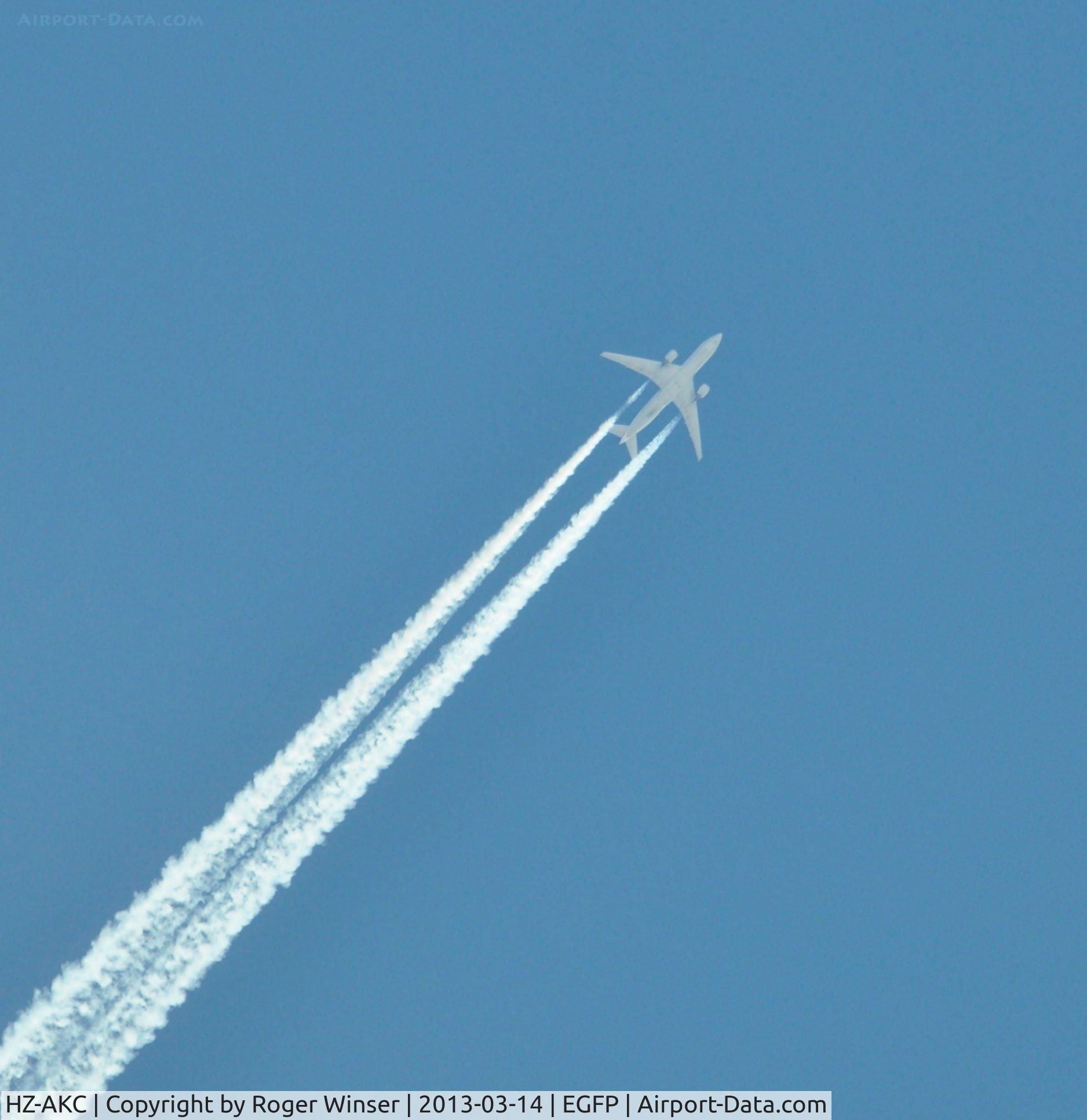 HZ-AKC, 1997 Boeing 777-268/ER C/N 28346, Saudi Arabian Airlines Boeing 777 westbound at 36000 feet over Pembrey Airport.