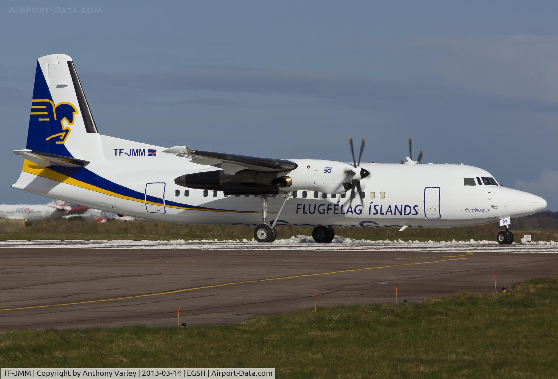 TF-JMM, 1991 Fokker 50 C/N 20214, Departing EGSH after spray.