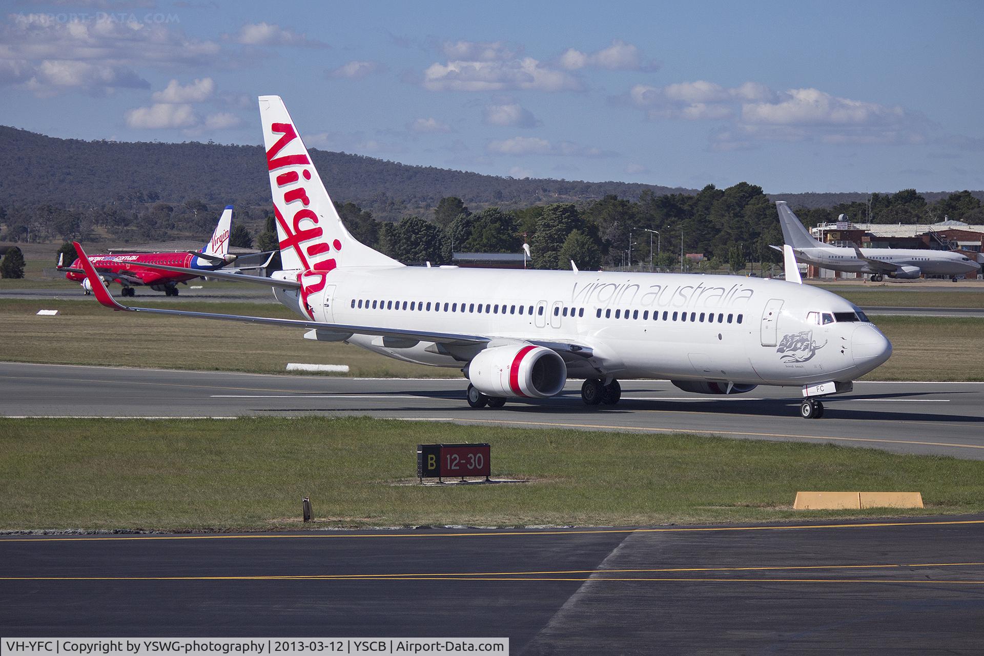 VH-YFC, 2011 Boeing 737-81D C/N 39413, Virgin Australia (VH-YFC) Boeing 737-81D (WL) taxiing to the terminal at Canberra Airport.