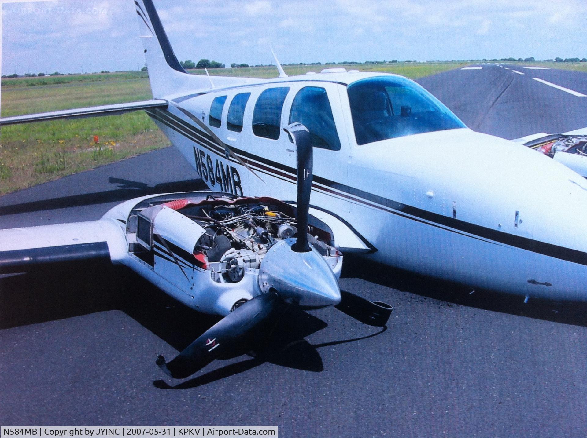 N584MB, 1984 Beech 58TC Baron C/N TK-151, Are your landing gear lights telling you for sure? Gear up landing or gear down landing is better than unlocked gear down landing. Two years OOS and $350,000.00 later, this kind of landing will cost you wing end ribs.