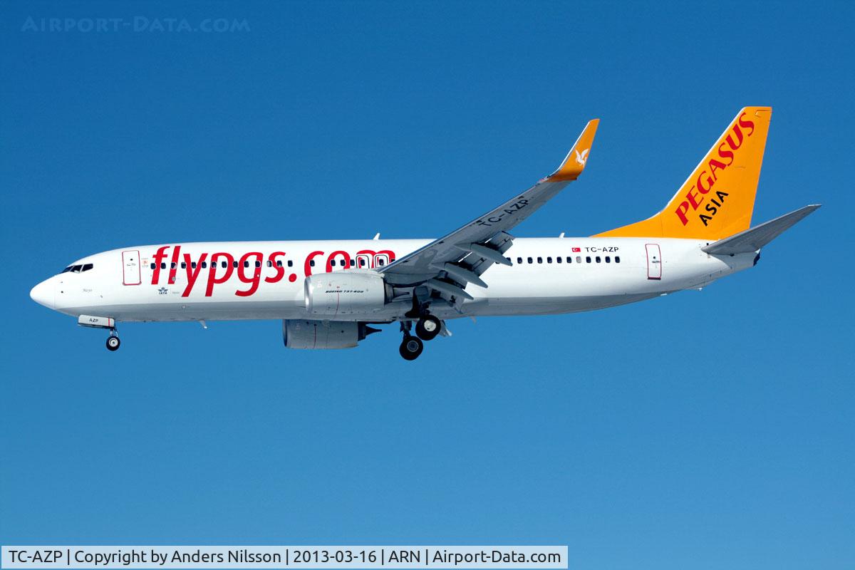 TC-AZP, 2012 Boeing 737-82R C/N 38176, On final approach for runway 26. With additional Asia titles on tail.Pegasus Asia has a joint-venture with Kyrgyz Air Manas is to start shortly scheduled services connecting Istanbul with Bishkek.