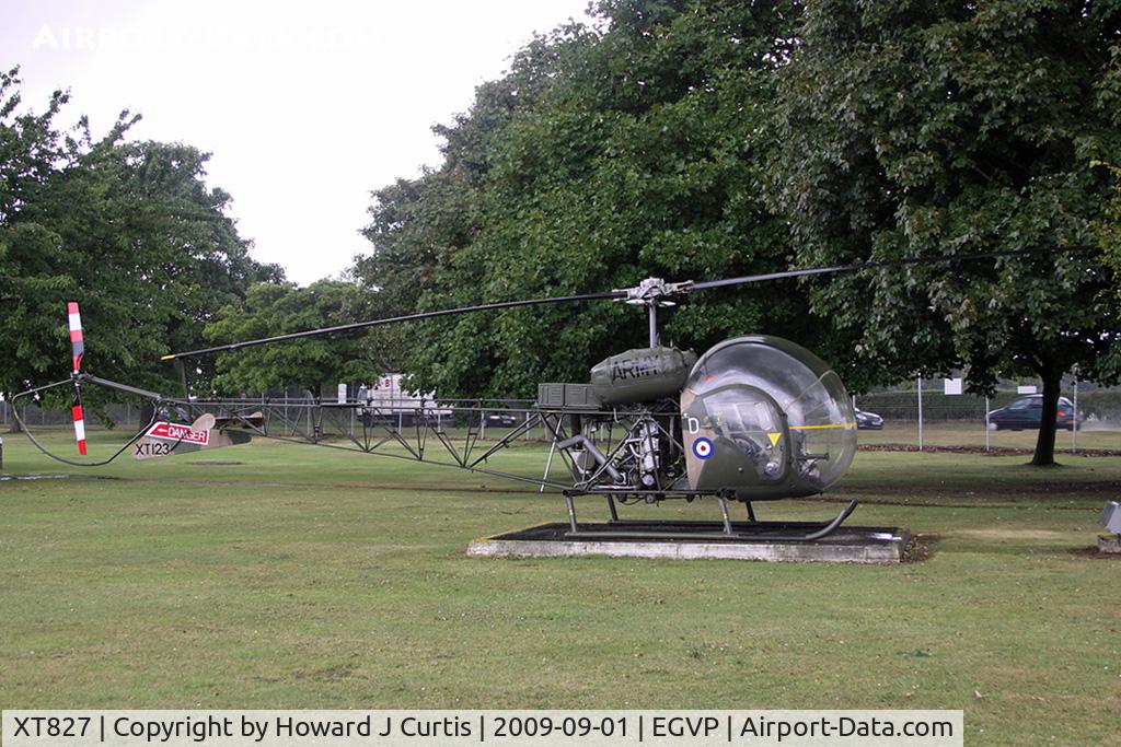 XT827, 1967 Westland Sioux AH.1 C/N WA.589, Painted in false markings as XT123 and preserved on the gate here.