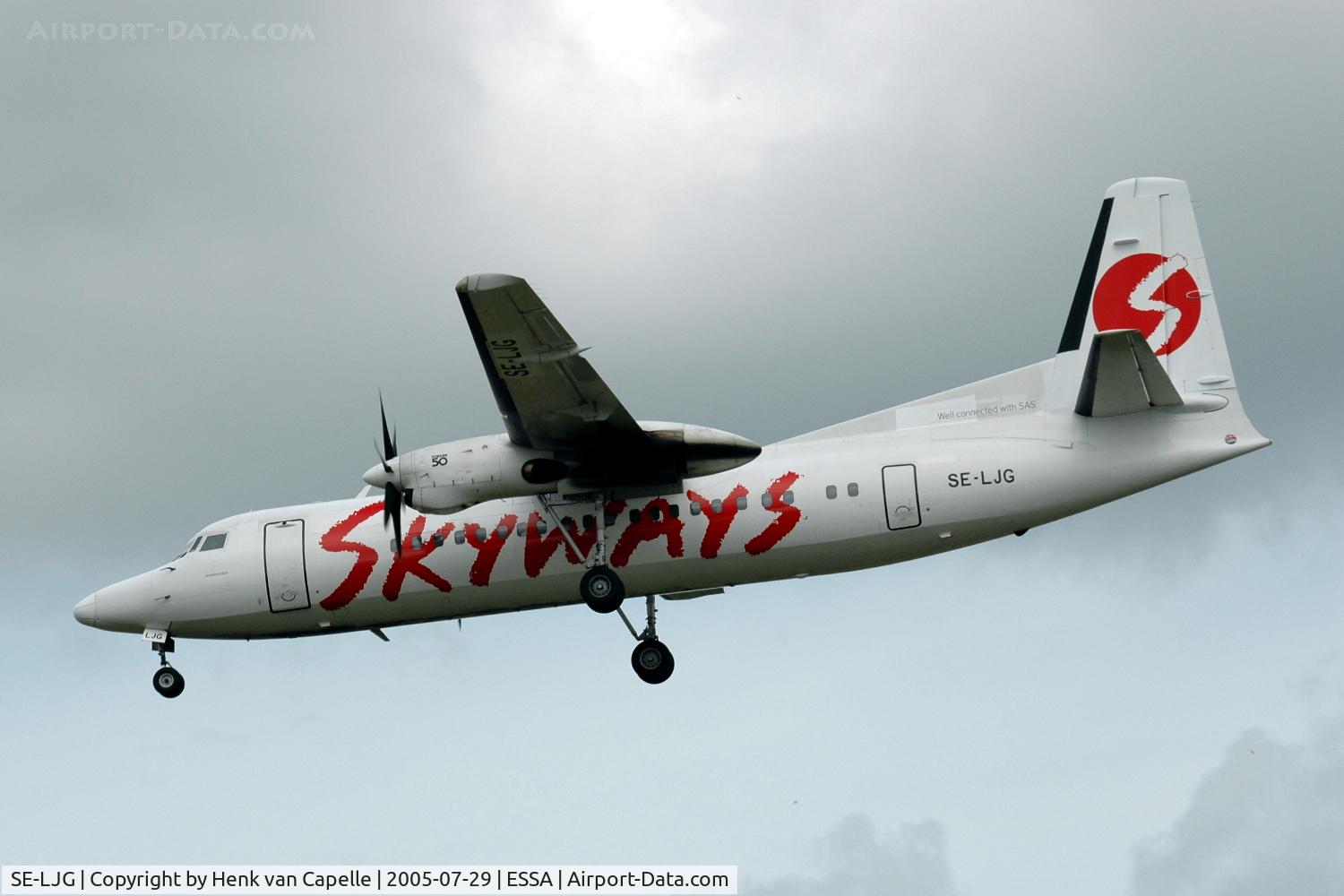 SE-LJG, 1989 Fokker 50 C/N 20168, Skyways Fokker 50 approaching Stockholm Arlanda airport.