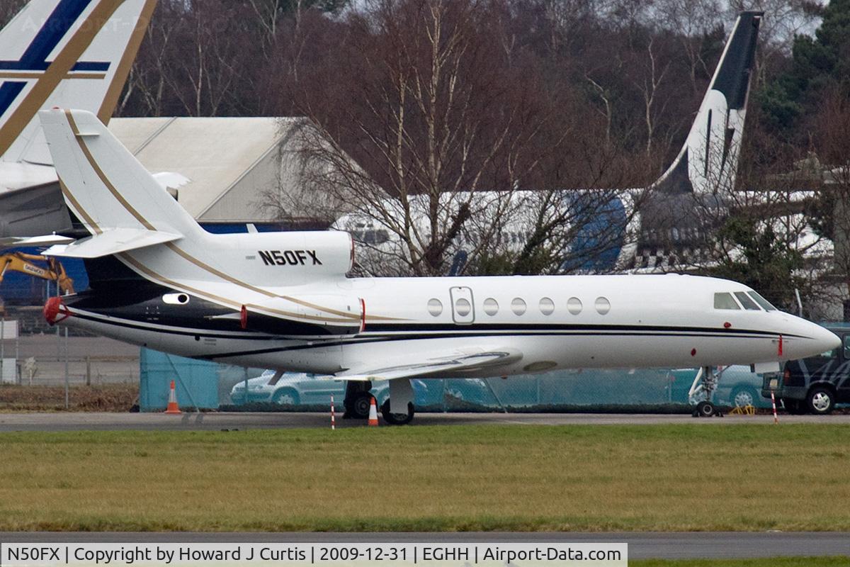 N50FX, 1987 Dassault Falcon 50 C/N 175, Corporate. Taken from the Bournemouth Aviation Museum's viewing bus.