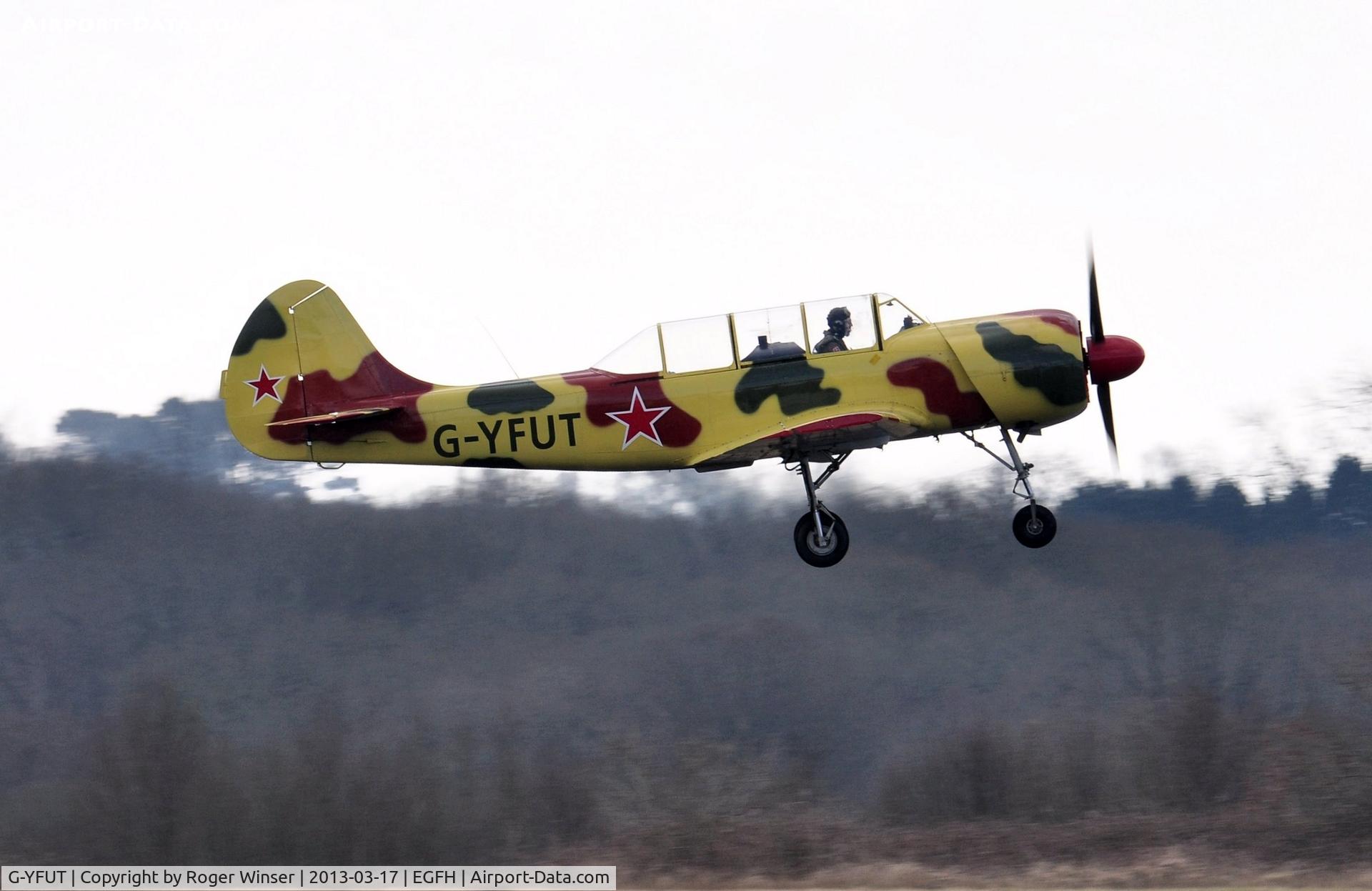 G-YFUT, 1988 Bacau Yak-52 C/N 888410, Resident Yak-52. Delivered to a new owner in Switzerland on 7 April 2013. Deregistered on 10th October 2014.