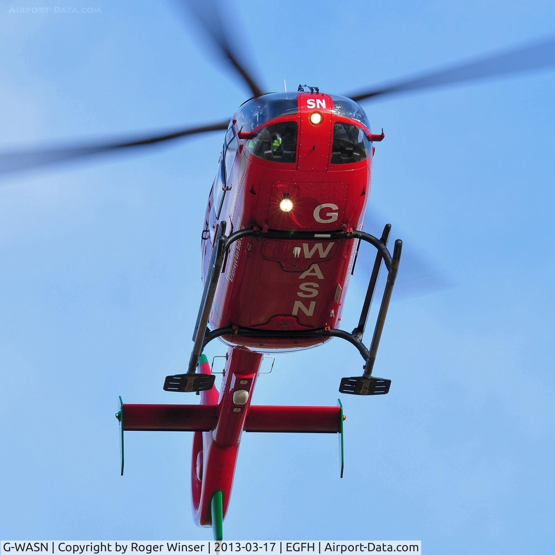 G-WASN, 2008 Eurocopter EC-135T-2+ C/N 0746, Wales Air Ambulance helicopter (Helimed 57) returning to base.