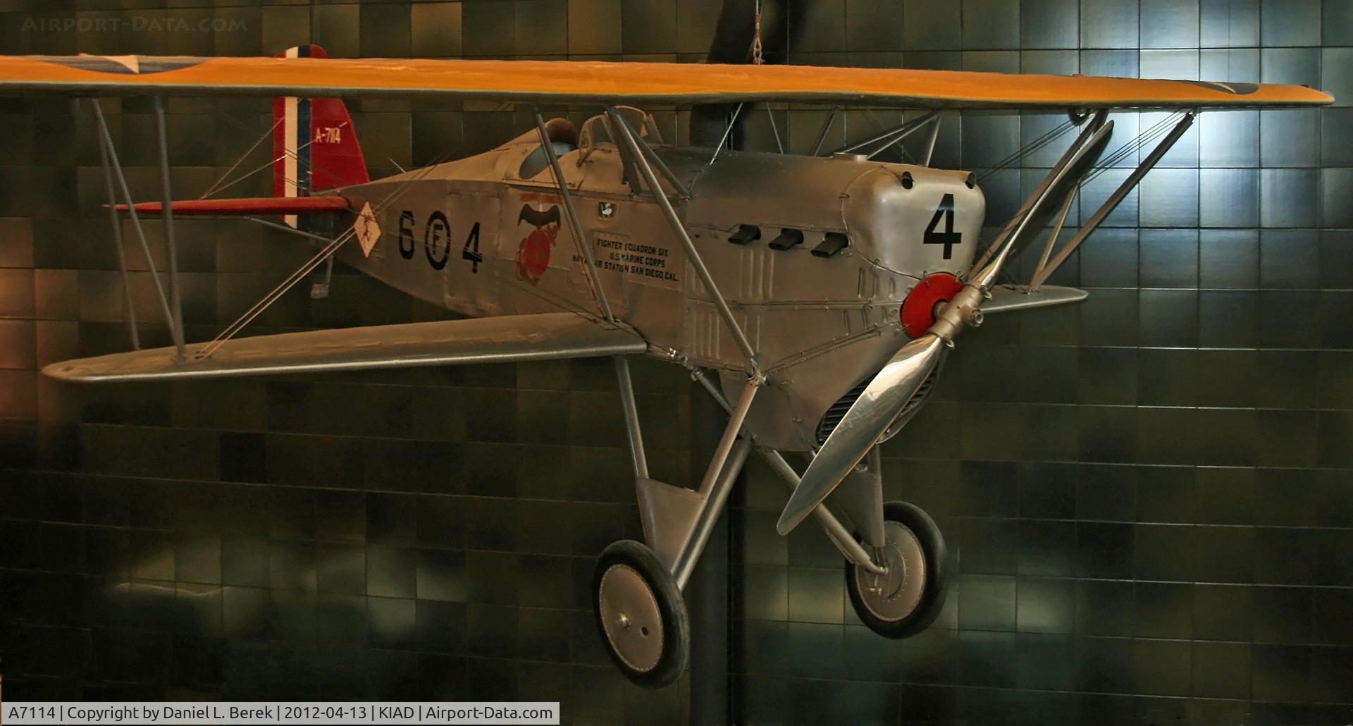 A7114, Boeing FB-5 Hawk C/N 820, This beautiful biplane hangs is on display near the entrance of the Udvar-Hazy Center.  A lot of Photoshop work was needed to obtain a reasonable shot to do the subject justice.  I very much like the lines of this unusual sesquiplane.