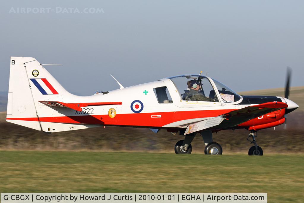 G-CBGX, 1974 Scottish Aviation Bulldog T.1 C/N BH120/287, At the New Year's Day Fly-In. Privately owned. Painted as XX622/B.