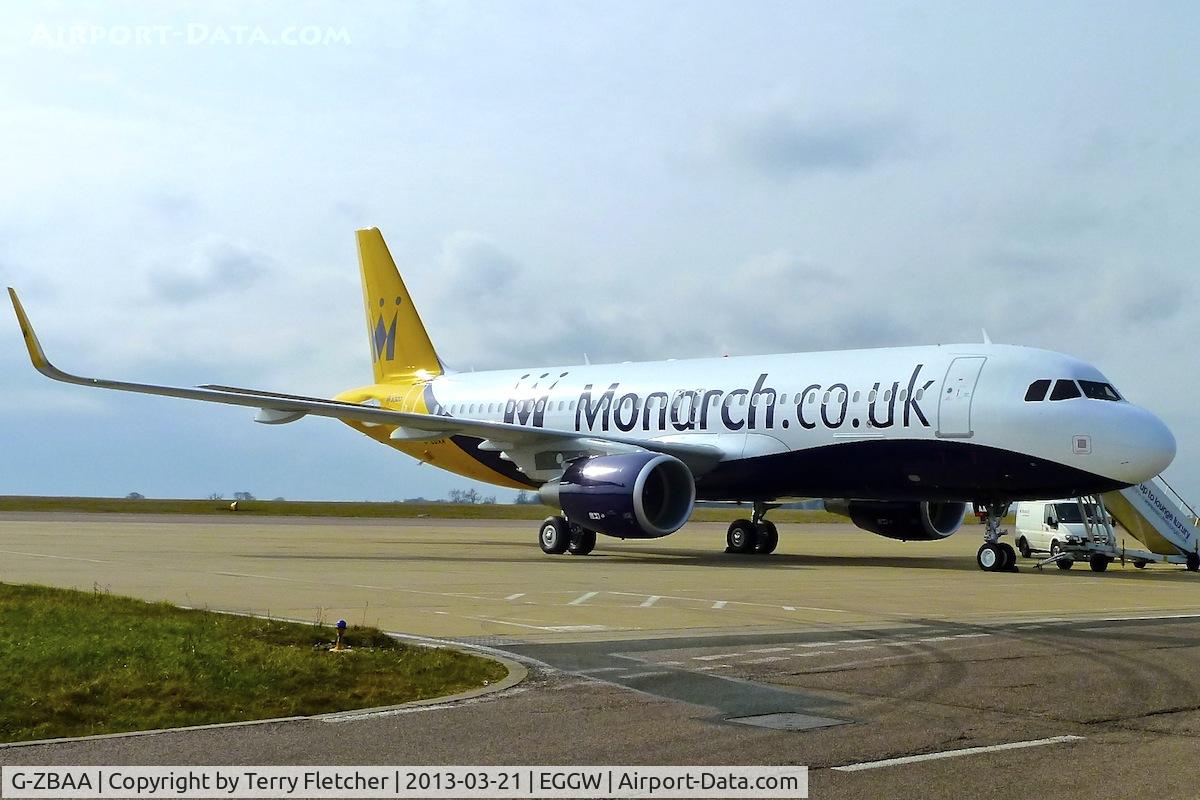 G-ZBAA, 2013 Airbus A320-214 C/N 5526, Monarch's 2013 Airbus A320-214(WL), c/n: 5526 complete with 'sharklets' at Luton but bound for new base Leeds -Bradford