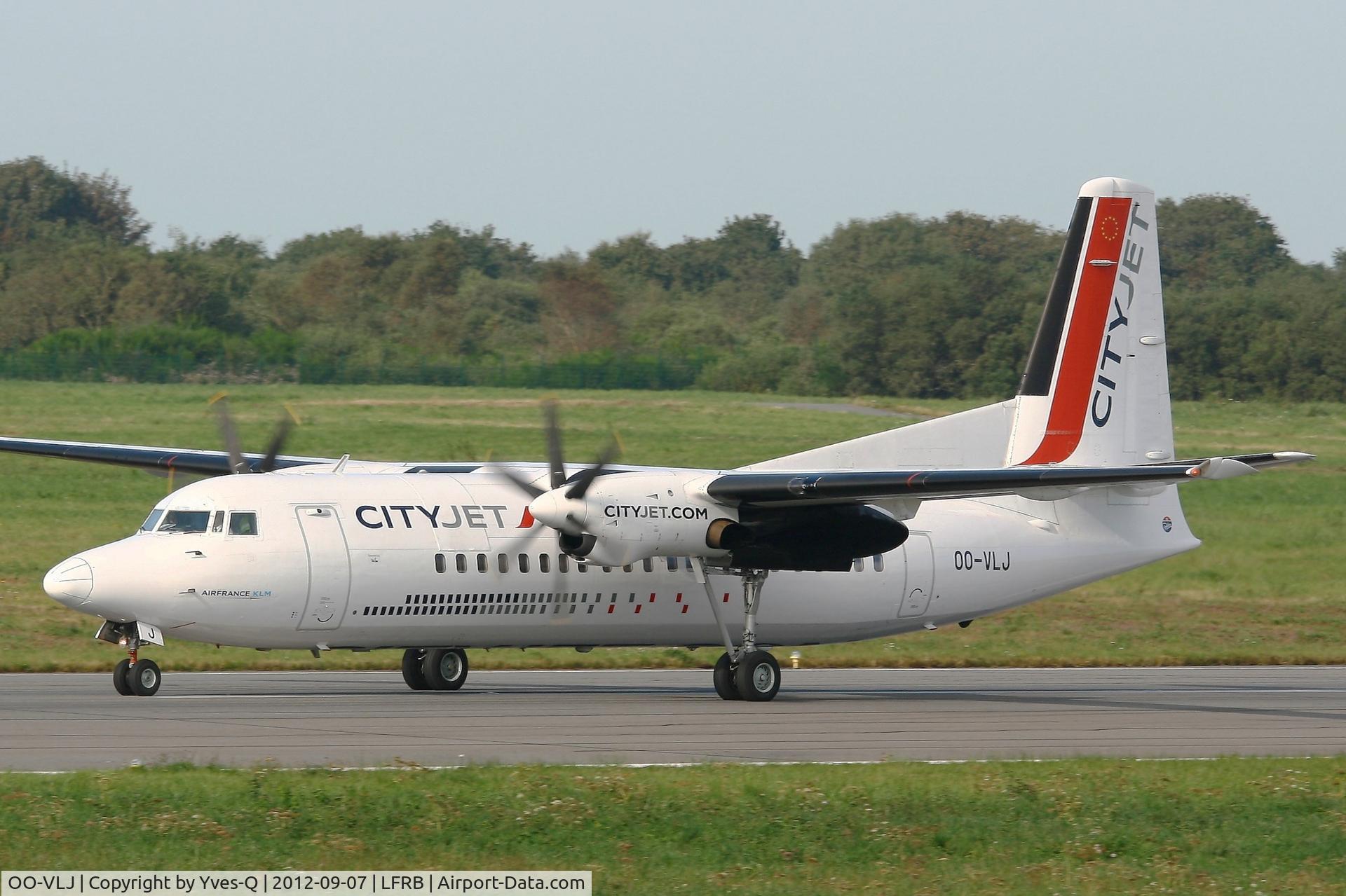 OO-VLJ, 1987 Fokker 50 C/N 20105, Fokker F-27-050, Cityjet, Taxiing to holding point rwy 07R, Brest-Bretagne Airport (LFRB-BES)