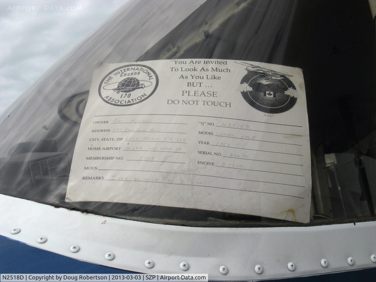 N2518D, 1952 Cessna 170B C/N 20670, 1952 Cessna 170B, Continental C145-2 145 Hp, 6 cylinder, data