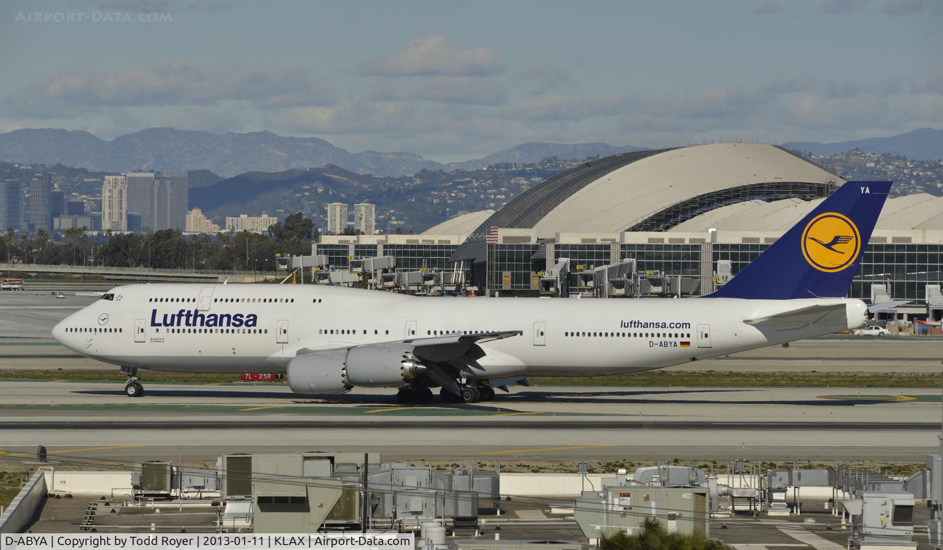 D-ABYA, 2012 Boeing 747-830 C/N 37827, Taxiing to gate at LAX