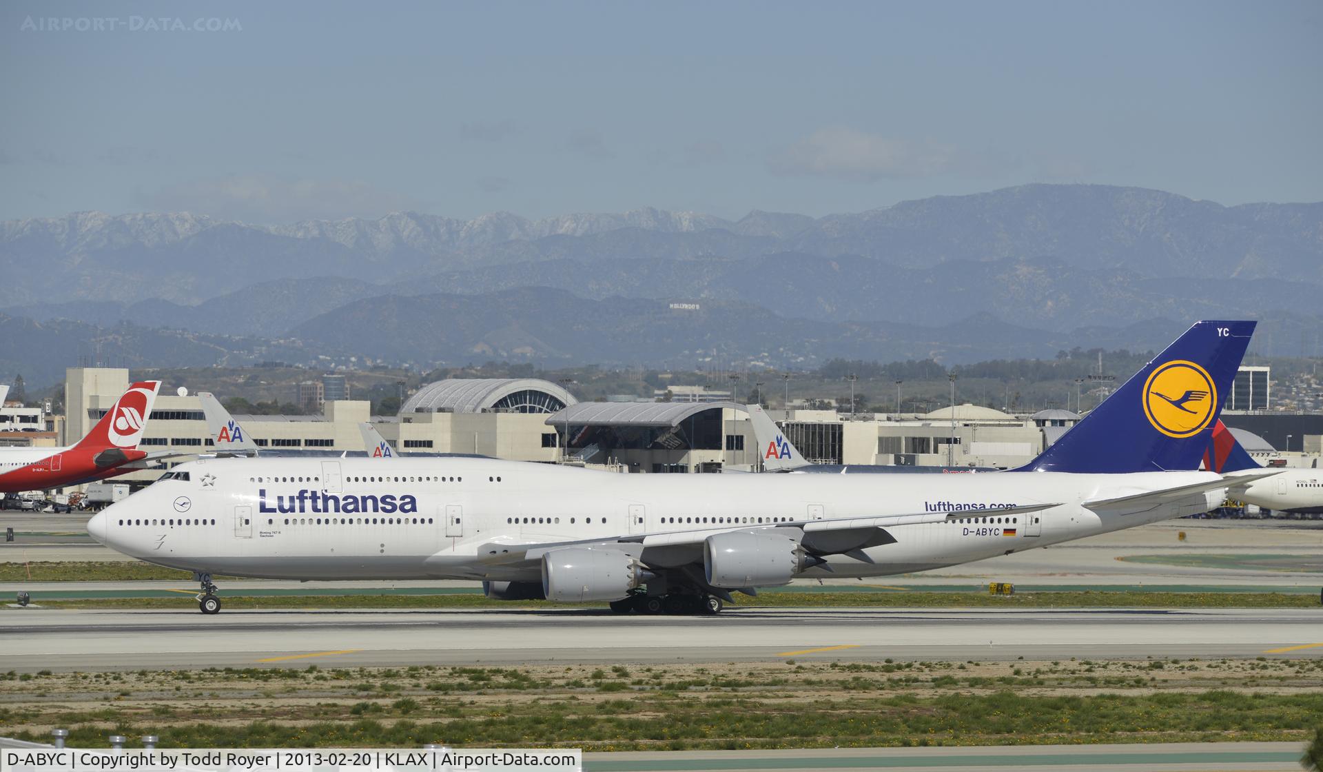 D-ABYC, 2012 Boeing 747-830 C/N 37828, Taxiing to gate at LAX