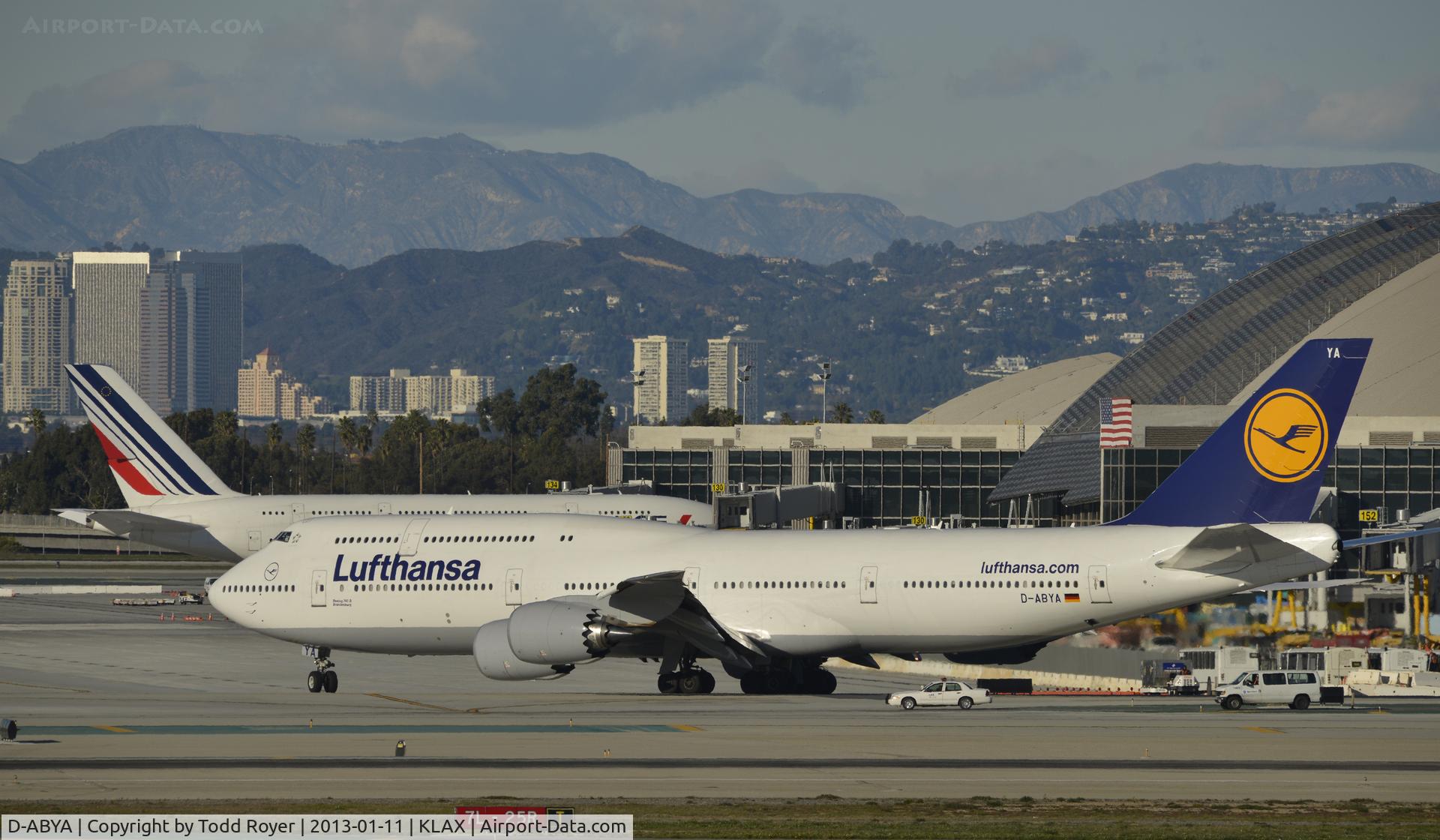 D-ABYA, 2012 Boeing 747-830 C/N 37827, Taxiing for departure at LAX