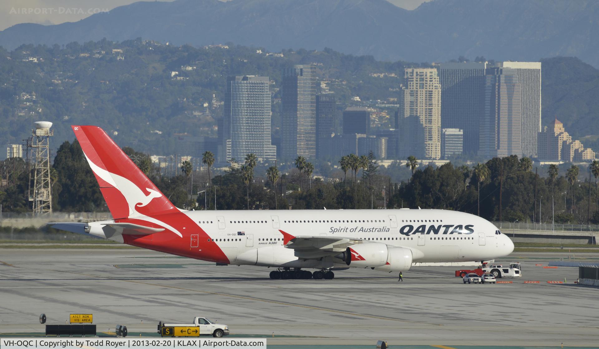 VH-OQC, 2008 Airbus A380-842 C/N 022, Pulling up to gate at LAX