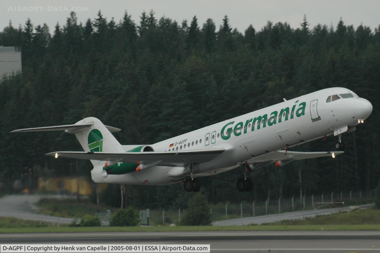 D-AGPF, 1990 Fokker 100 (F-28-0100) C/N 11303, Germania Fokker 100 taking off from Stockholm Arlanda airport, Sweden.
