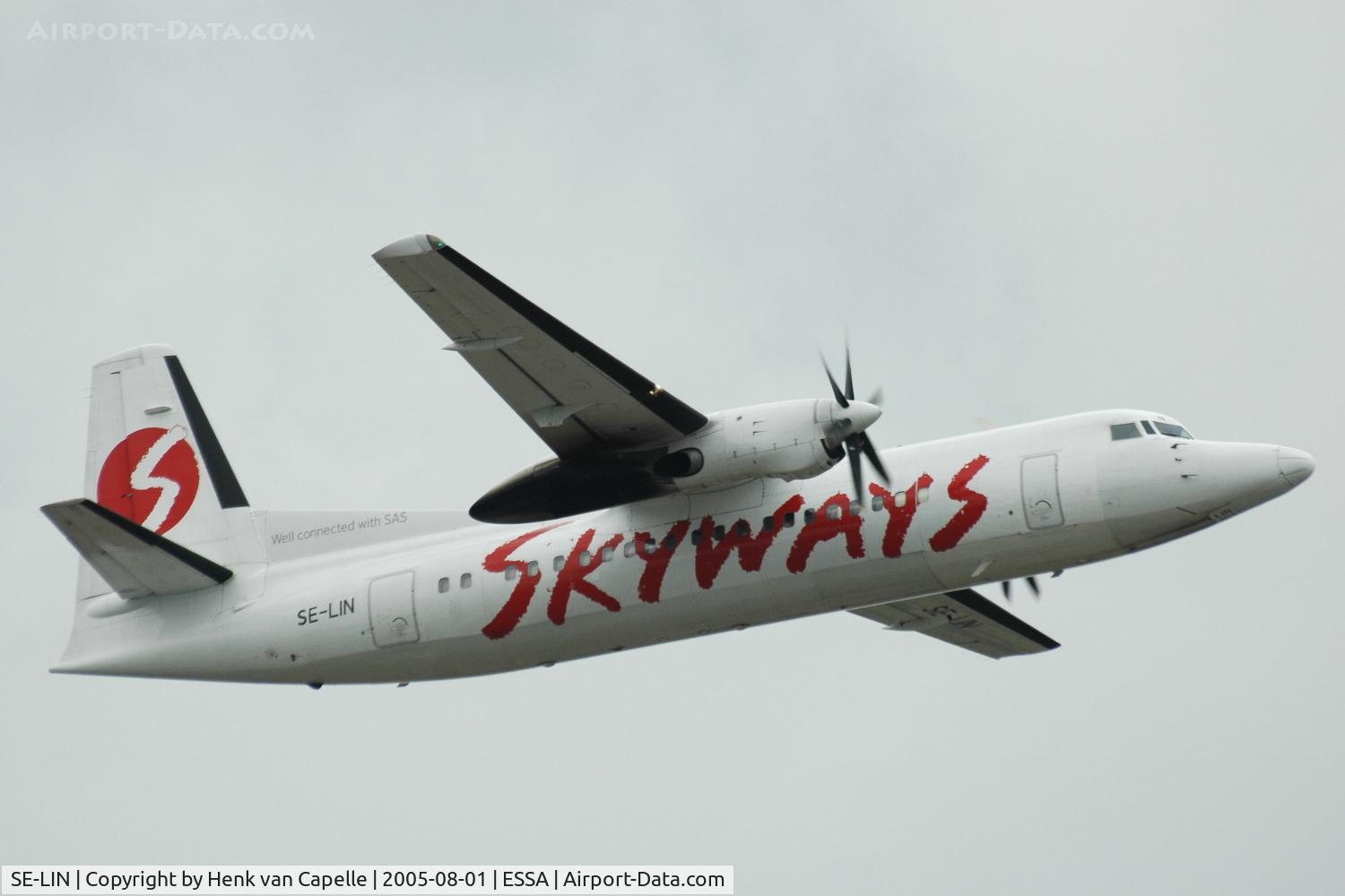 SE-LIN, 1988 Fokker 50 C/N 20138, Skyways Fokker 50 taking off from Stockholm Arlanda airport, Sweden