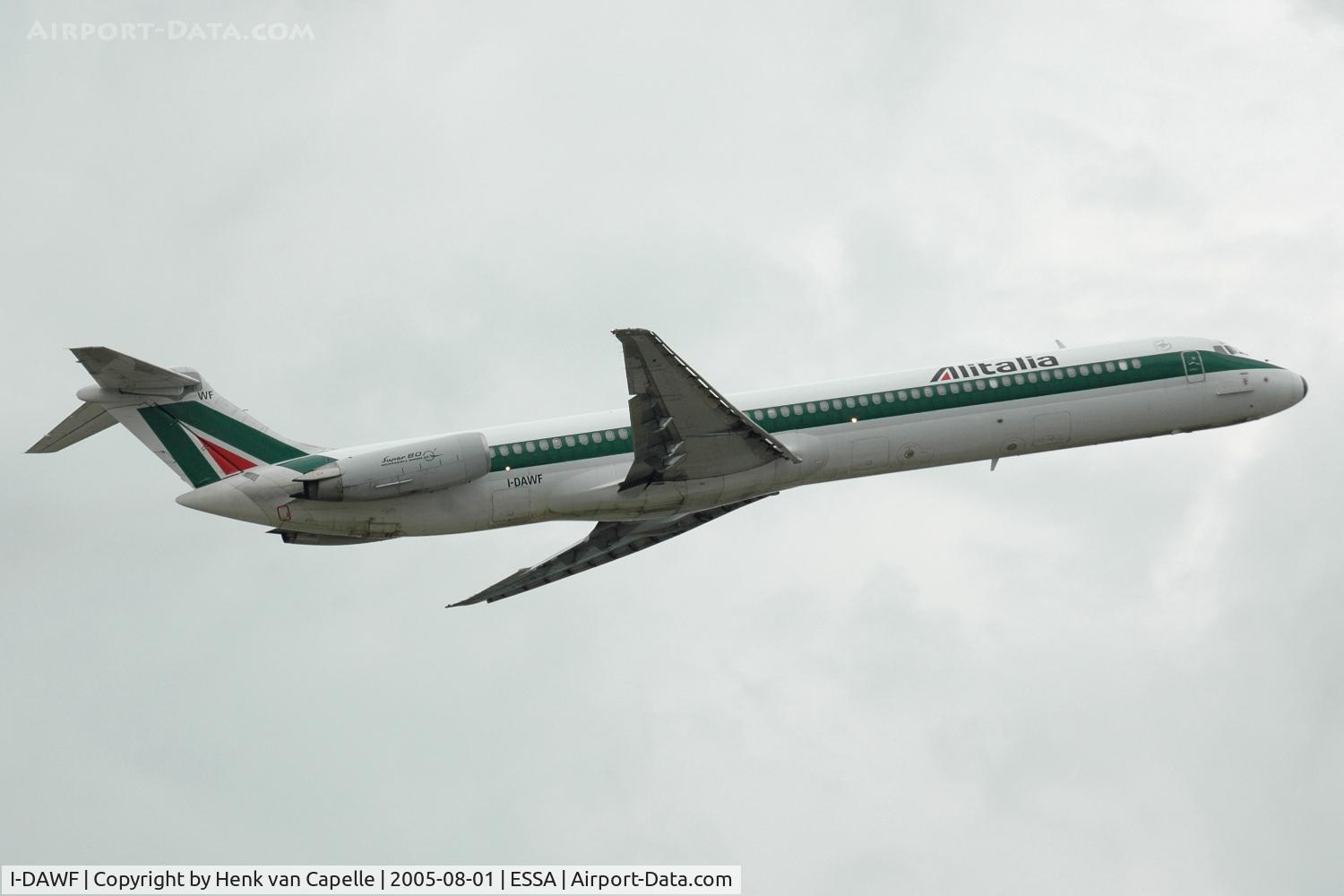 I-DAWF, 1984 McDonnell Douglas MD-82 (DC-9-82) C/N 49200/1147, Alitalia MD-82 taking off from Stockholm Arlanda airport, Sweden.