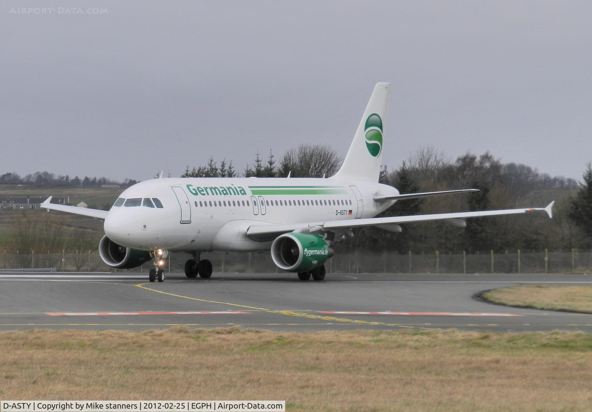 D-ASTY, 2008 Airbus A319-112 C/N 3407, Germania A319 Turns off runway 24 at bravo 1 on a six nations rugby charter flight