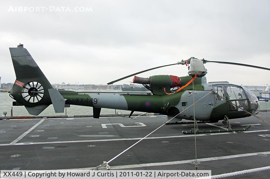 XX449, 1976 Westland SA-341B Gazelle AH1 C/N 1443, Qinetiq, on board HMS Ark Royal, Portsmouth.