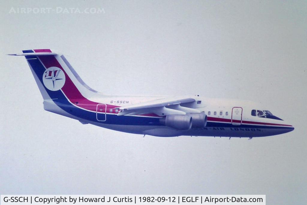 G-SSCH, 1983 British Aerospace BAe.146-100A C/N E1003, Dan-Air colours. At the Farnborough Air Show.