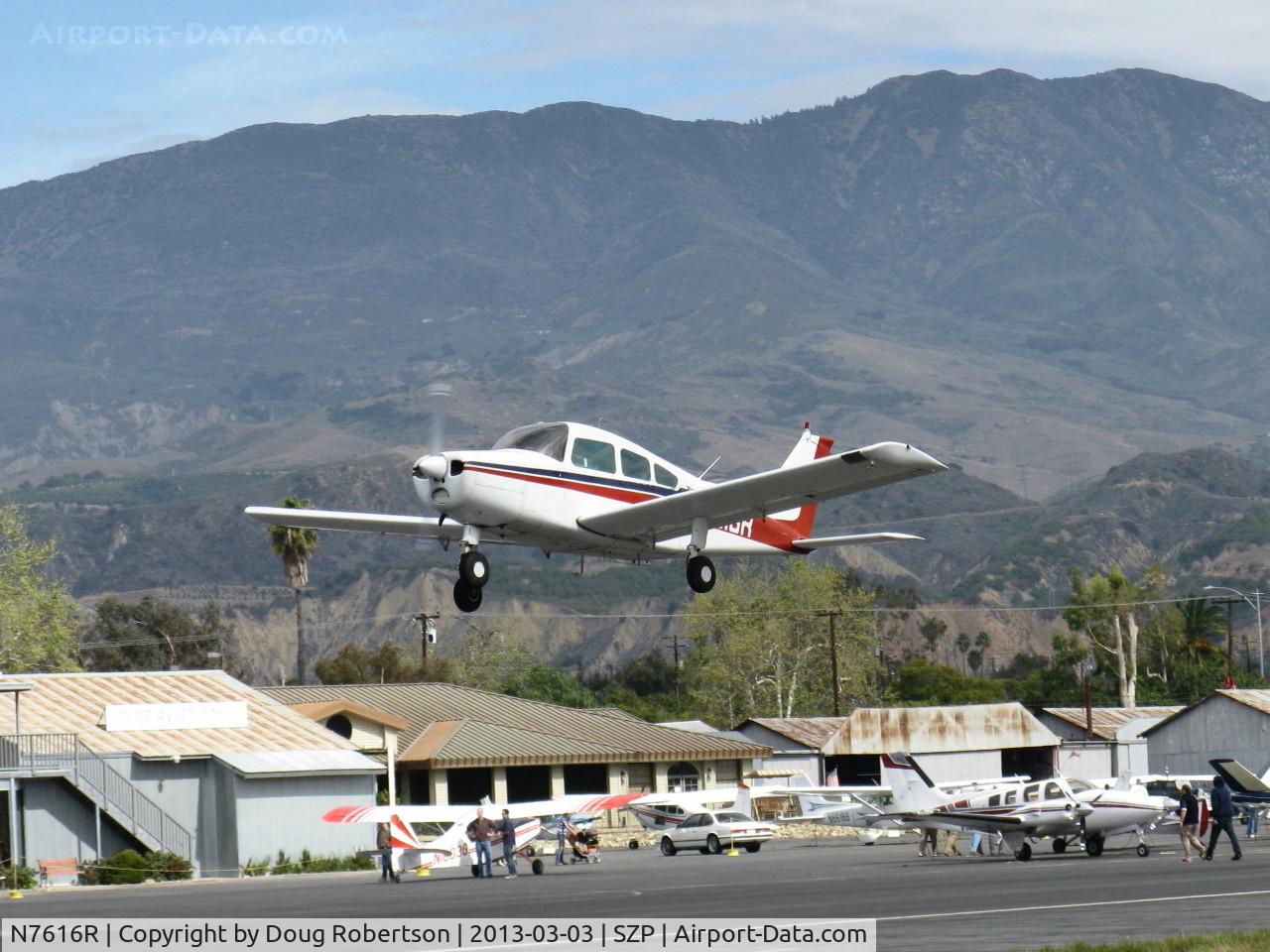 N7616R, 1969 Beech B23 Musketeer C/N M-1239, 1969 Beech B23 MUSKETEER CUSTOM, Lycoming O&VO-360 180 Hp, takeoff climb Rwy 22 doing pattern work. Santa Paula Ridge & Peak at 4,957' behind