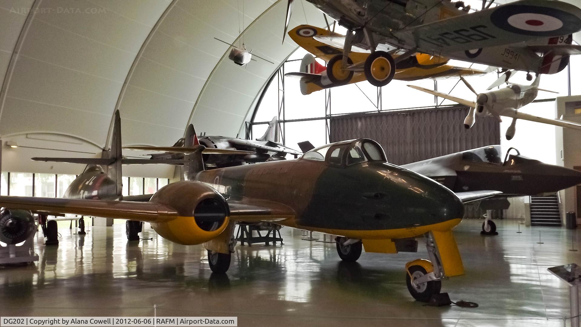 DG202, Gloster Meteor F.9/40 C/N Not found DG202, DG202/G Gloster F.9/40 Meteor prototype, one of 12 built in 1941. This one first flew in 1943 (late due to delayed parts) and is now on display (after being dismantled) at RAF Museum Hendon.