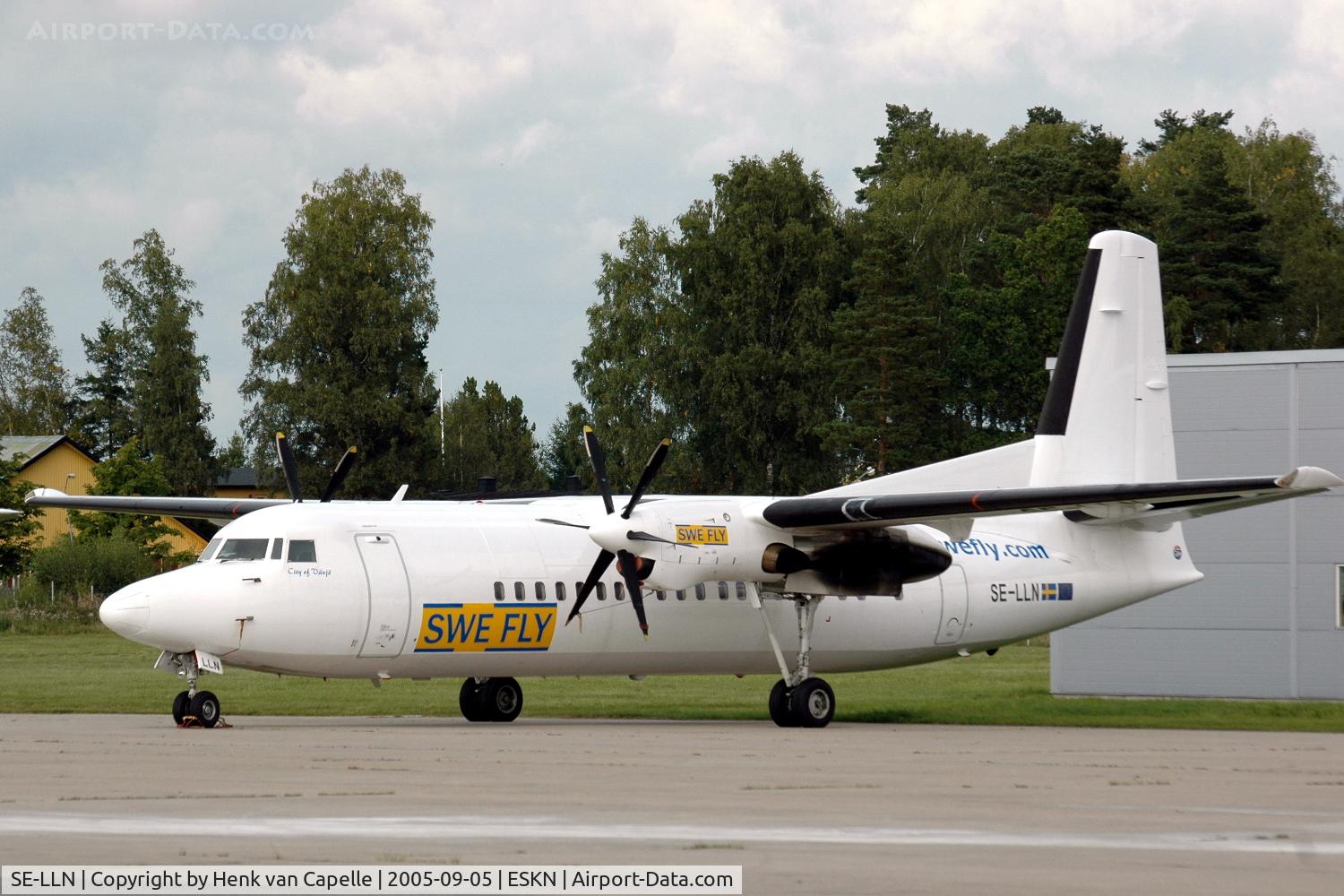 SE-LLN, 1992 Fokker 50 C/N 20260, SweFly Fokker 50- parked at Nyköping Skavsta airport, Sweden.
