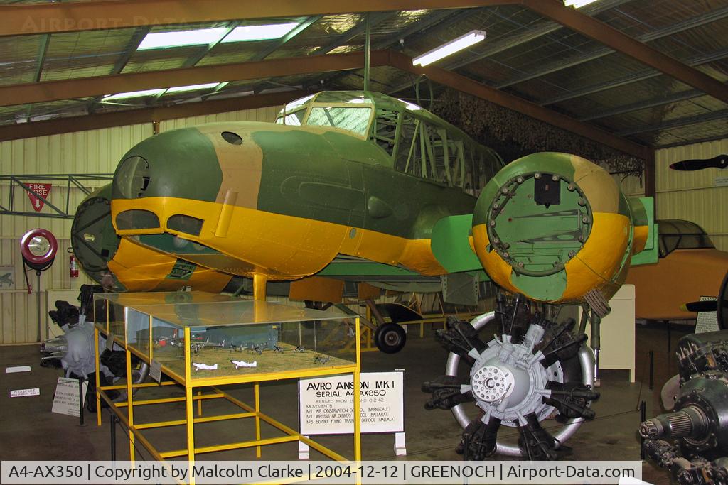A4-AX350, 1942 Avro 625A Anson 1 C/N Not found A4-AX350, Avro 625A Anson 1 at Lincoln Nitschke's Aviation Museum, Greenoch, South Australia in 2004.