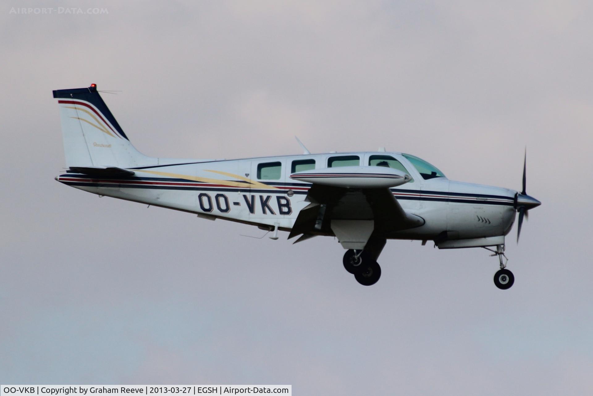 OO-VKB, 1977 Beech A36 Bonanza 36 C/N E-994, About to land.