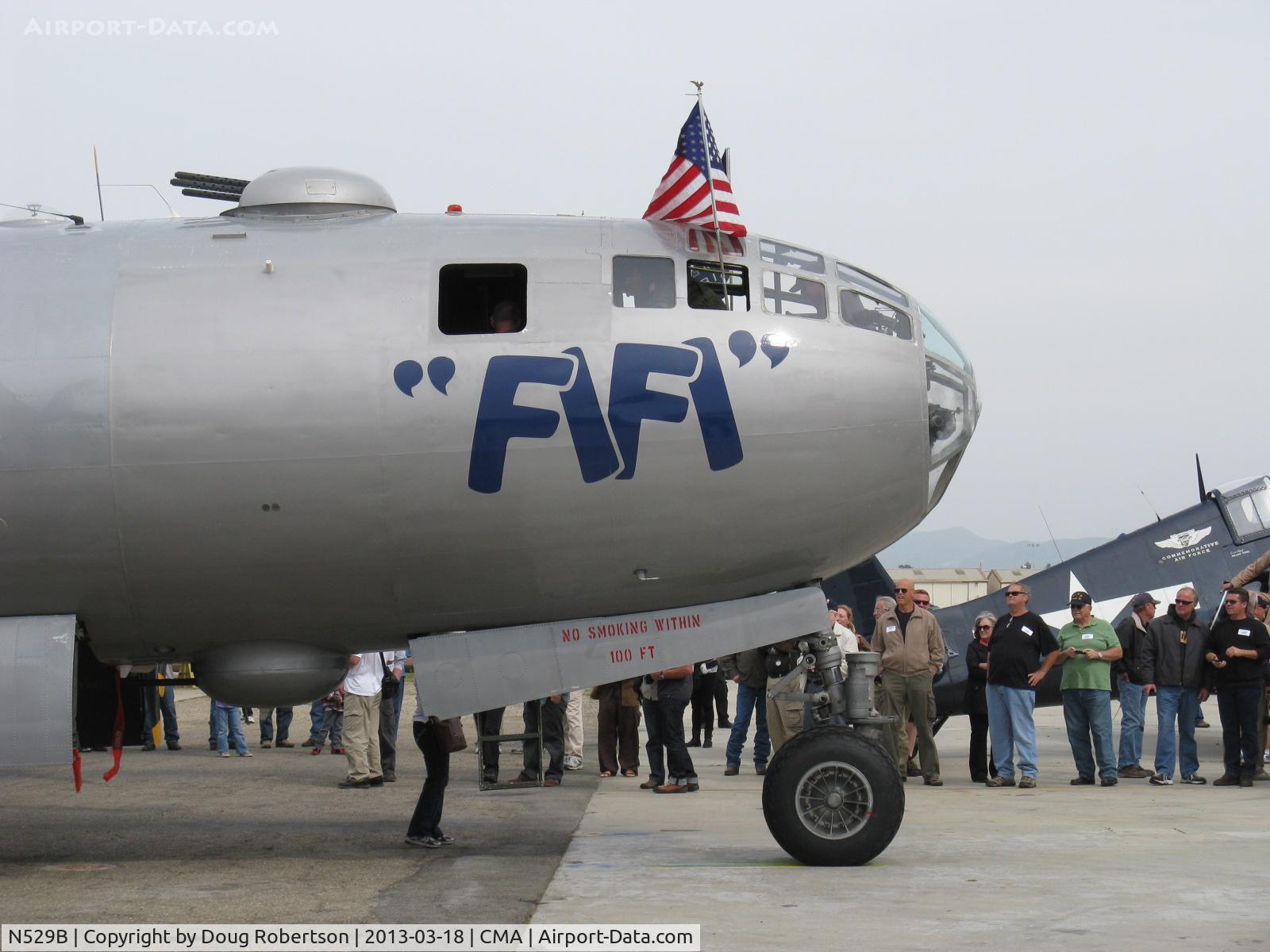 N529B, 1944 Boeing B-29A-60-BN Superfortress C/N 11547, 1944 Boeing B-29 SUPERFORTRESS 'FIFI', four Wright R3350-42 Cyclone 18 cylinder engines 2,200 Hp each, forward dorsal and ventral gun turrets and dual nose wheel landing gear. Forward bomb bay doors open.