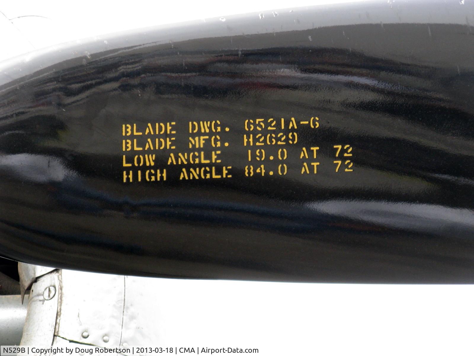 N529B, 1944 Boeing B-29A-60-BN Superfortress C/N 11547, 1944 Boeing B-29 SUPERFORTRESS 'FIFI', four Wright R3350-42 Cyclone 18 cylinder turbocharged engines 2,200 hp each. Huge four-blade CS props. Propeller blade data.