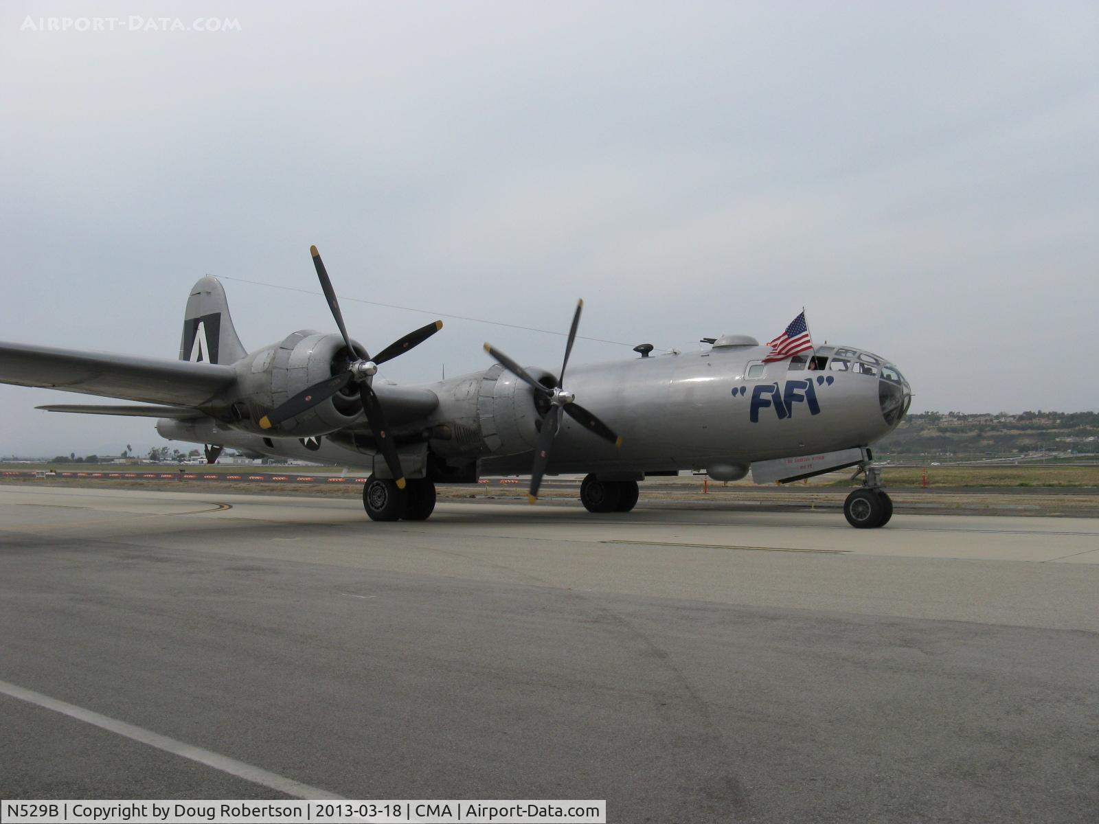 N529B, 1944 Boeing B-29A-60-BN Superfortress C/N 11547, 1944 Boeing B-29 SUPERFORTRESS 'FIFI', four Wright R3350-42 Cyclone 18 cylinder turbocharged radial engines 2,200 Hp each, taxi on #2 and #3 engines. Only one still flying of 3,970 B-29s made ending May, 1946.