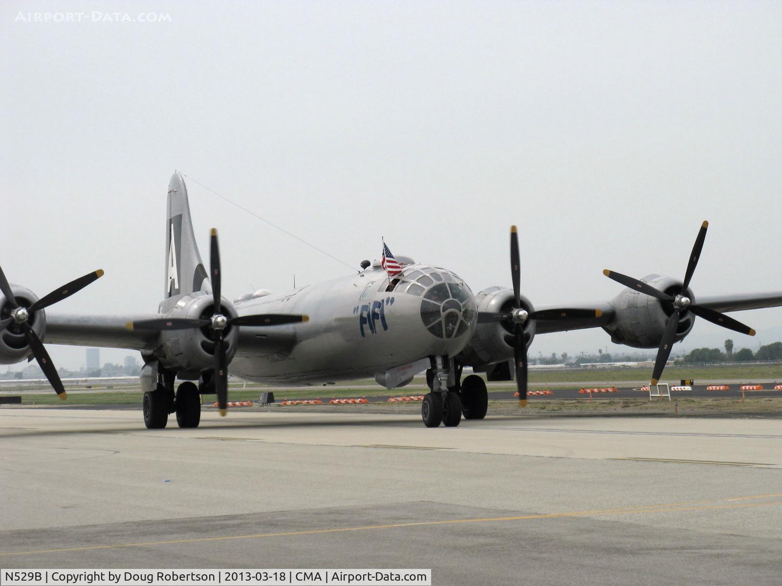 N529B, 1944 Boeing B-29A-60-BN Superfortress C/N 11547, 1944 Boeing B-29 SUPERFORTRESS 'FIFI', four Wright R3350-42 Cyclone 18 cylinder turbocharged radial engines 2,200 Hp each. Taxi with #1 and #4 engines shut down to save fuel. Makes perfect sense to me!