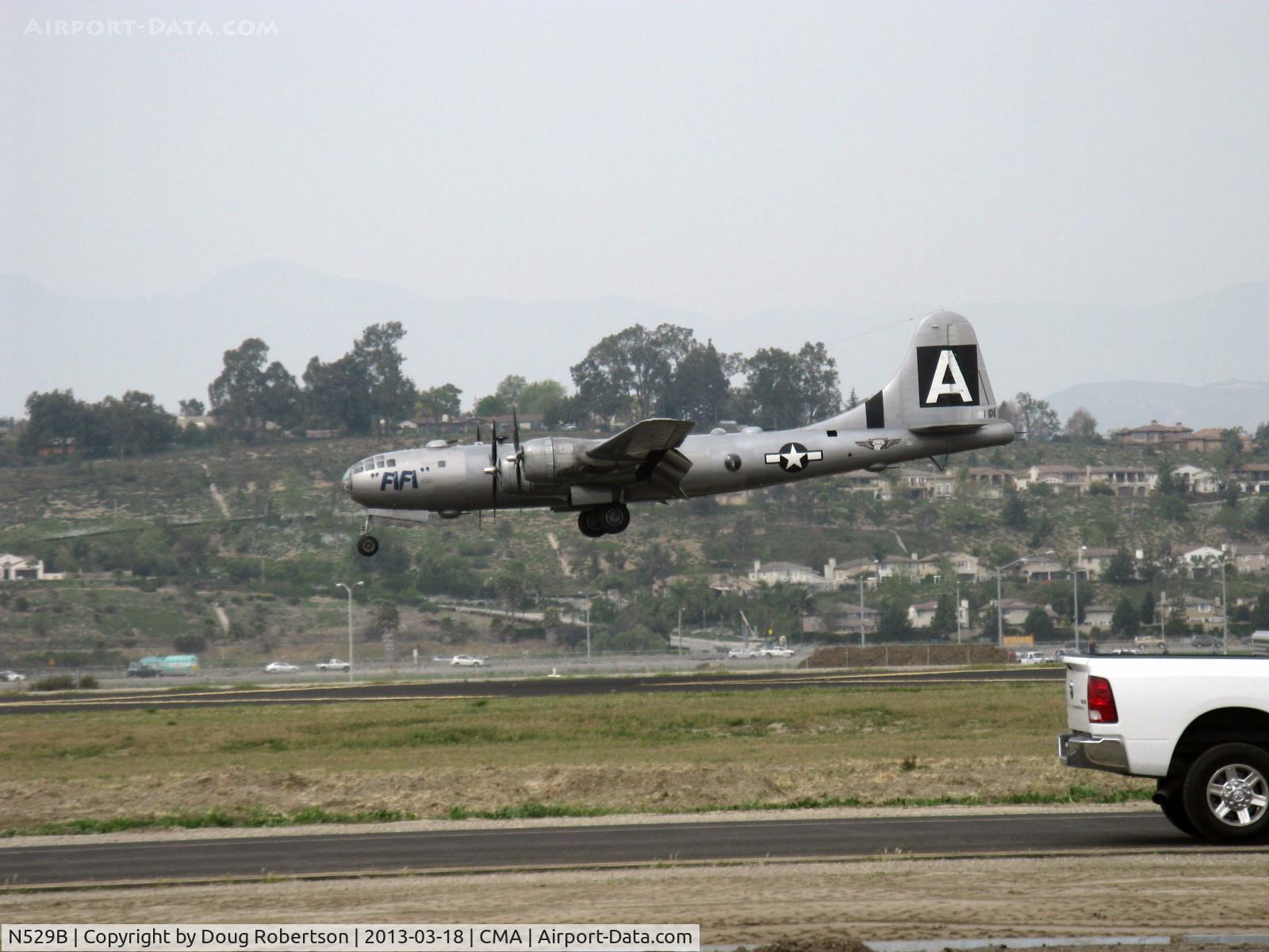 N529B, 1944 Boeing B-29A-60-BN Superfortress C/N 11547, 1944 Boeing B-29 SUPERFORTRESS 'FIFI', four Wright R3350-42 Cyclone 18 cylinder turbocharged radial engines 2,200 Hp each. WORLD'S SOLE REMAINING FLYING EXAMPLE. On final for displaced-threshold Rwy 26.
