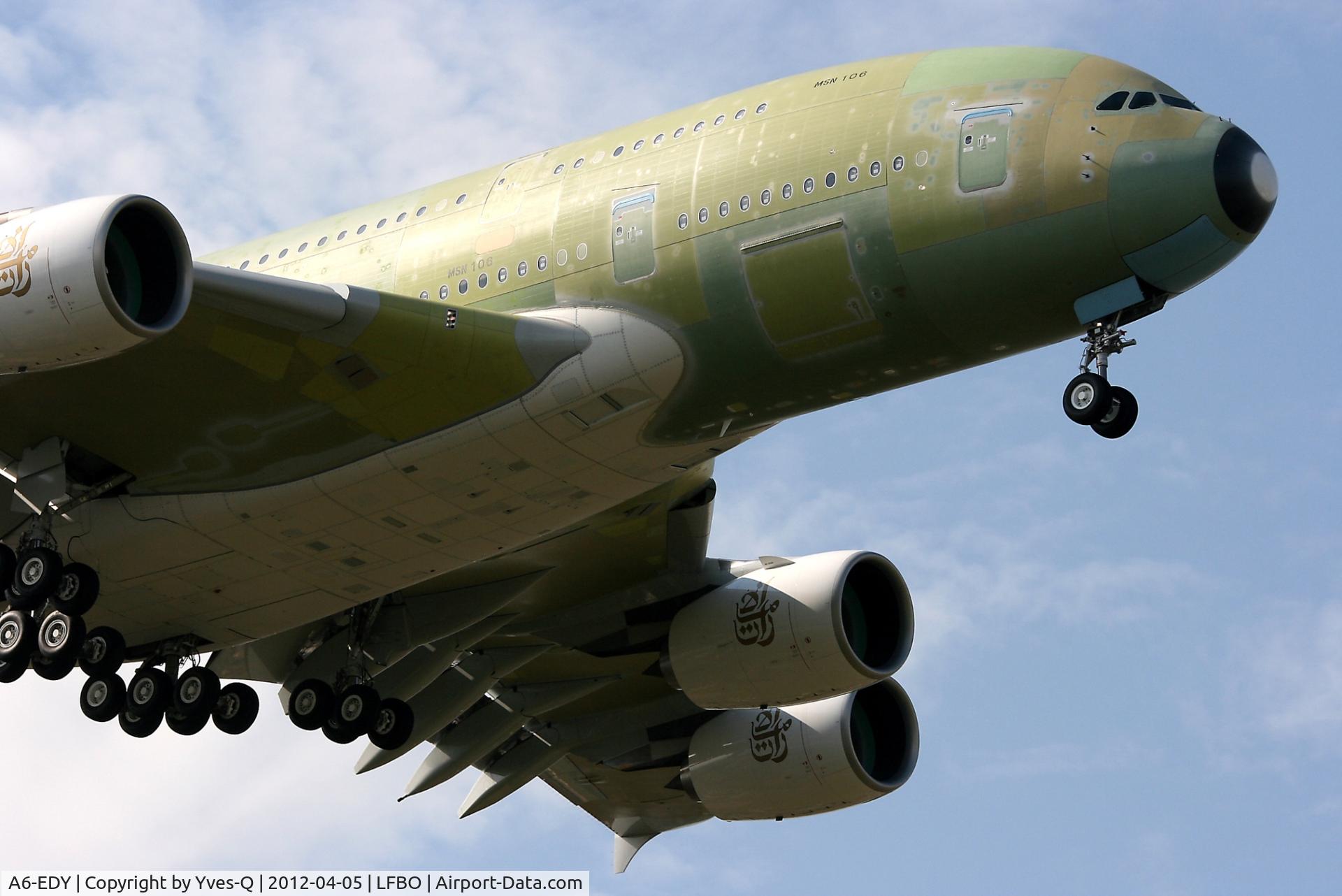 A6-EDY, 2012 Airbus A380-861 C/N 106, Airbus A380-861 with a provisional registration F-WWAS prior to delivery to Emirates, on final approach to runway 32L, Toulouse Blagnac Airport (LFBO-TLS)