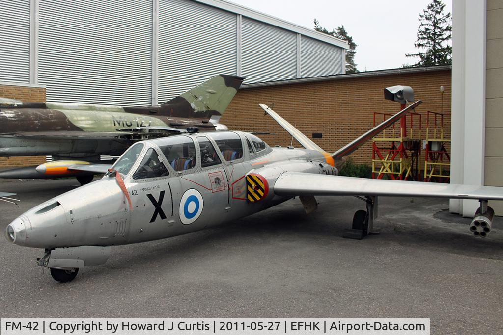 FM-42, Fouga (Valmet) CM-170R Magister C/N FM-42, Ex Finnish Air Force. On display outside the Finnish Aviation Museum (Suomen Ilmailumuseo).