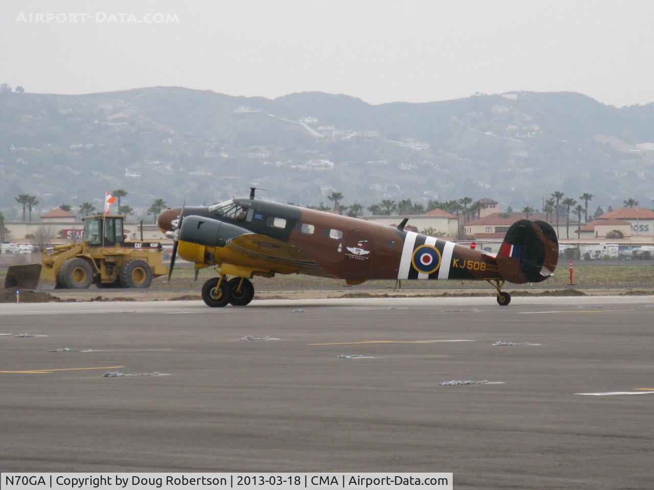N70GA, 1946 Beech D18S C/N A-177, 1946 Beech D18S 'Bucket of Bolts', two P&W R-985 Wasp Jr. 450 Hp each. Beech factory records show this c/n A-177 aircraft built in 1946, not 1966. In RAF livery. Standard class. Taxi.