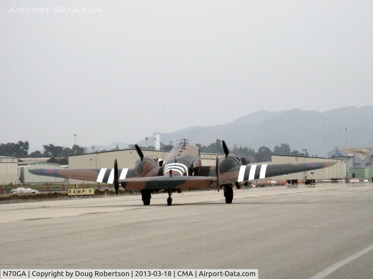 N70GA, 1946 Beech D18S C/N A-177, 1946 Beech D18S 'Bucket of Bolts', two P&W R-985 Wasp Jr. 450 Hp each, in RAF livery. Taxi off the CAF ramp to make room for incoming Boeing B-29 'FIFI', N529B.