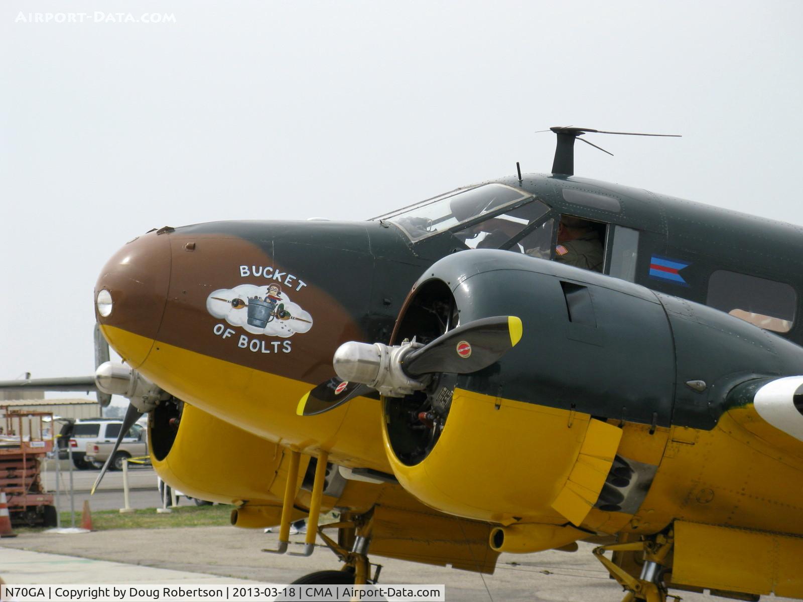 N70GA, 1946 Beech D18S C/N A-177, 1946 Beech D18S 'Bucket of Bolts'. two P&W R-985 Wasp Jr. 450 Hp each, in RAF livery. 'Bucket of Bolts's nose art, on CAF ramp.