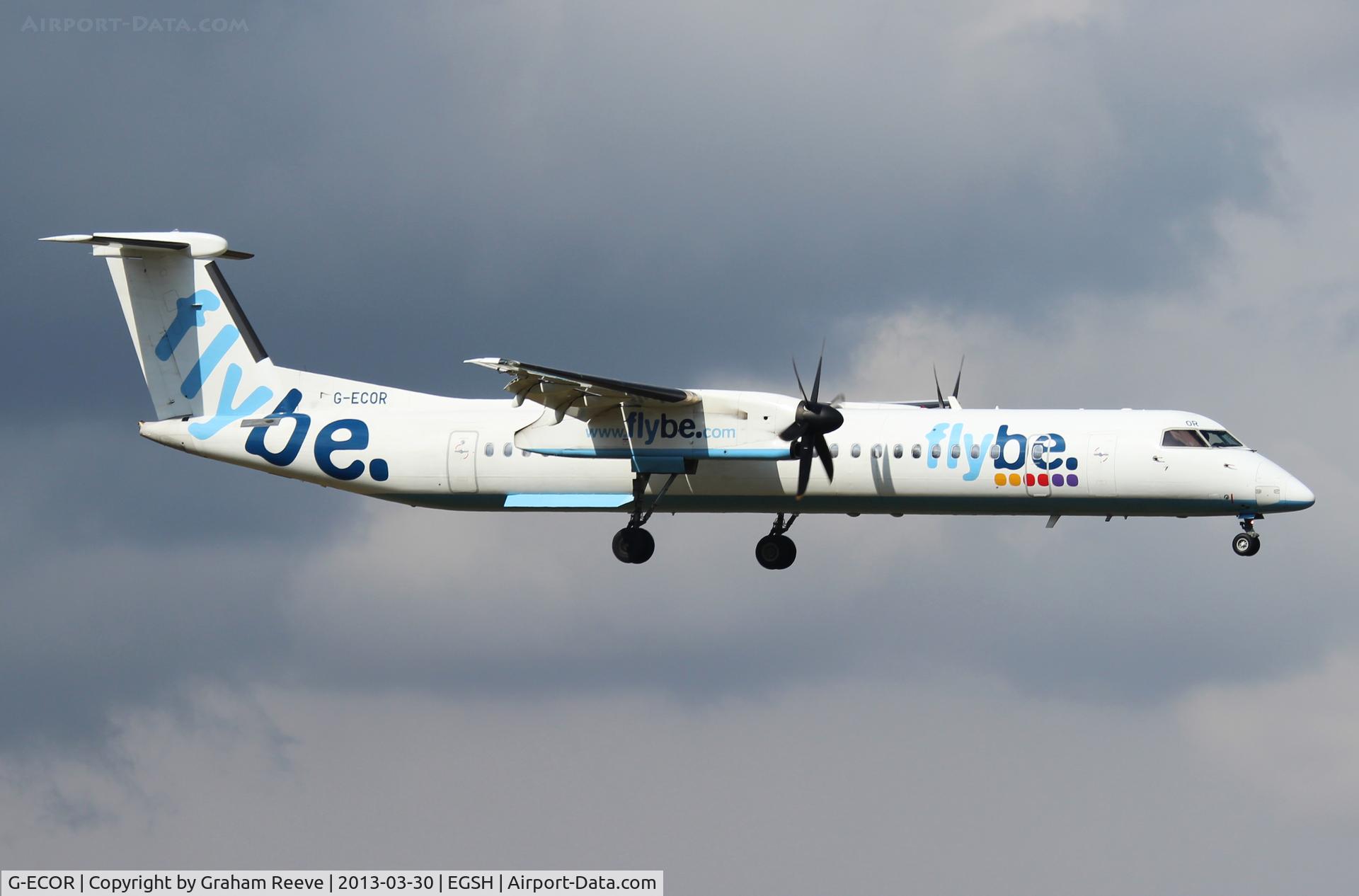 G-ECOR, 2009 De Havilland Canada DHC-8-402Q Dash 8 C/N 4248, About to land at Norwich.